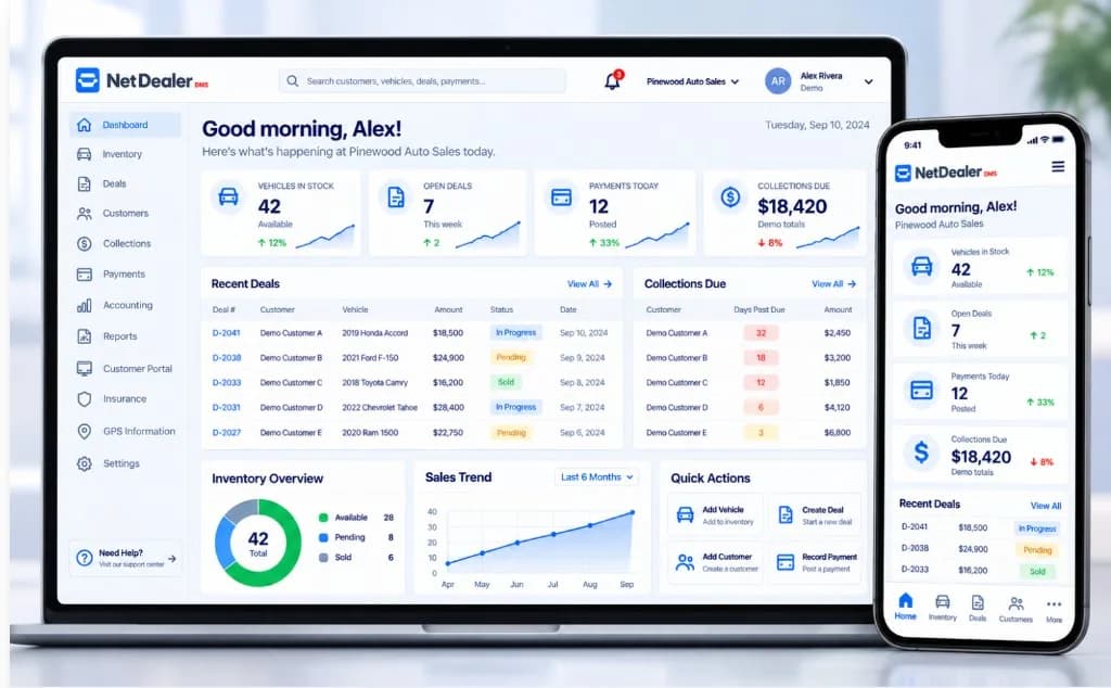 NetDealer DMS web dashboard and mobile app for the same dealership